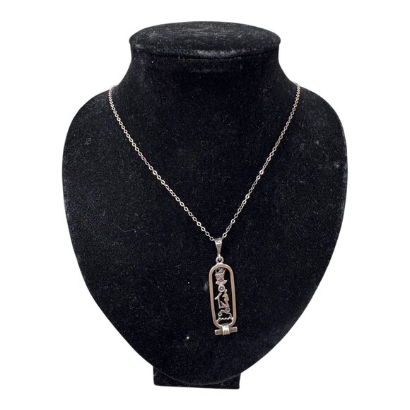 Sterling Silver Egyptian Hieroglyphic Cartouche Pendant Necklace 925 Vintage - Picture 2 of 10